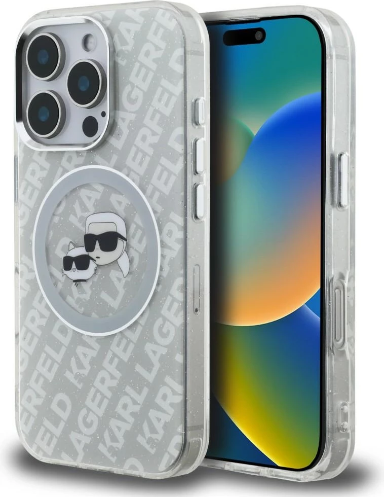 Mbështjellës Karl Lagerfeld IML Glitter Karl & Choupette Heads Logo MagSafe për iPhone 16 Pro, gri, me kuti