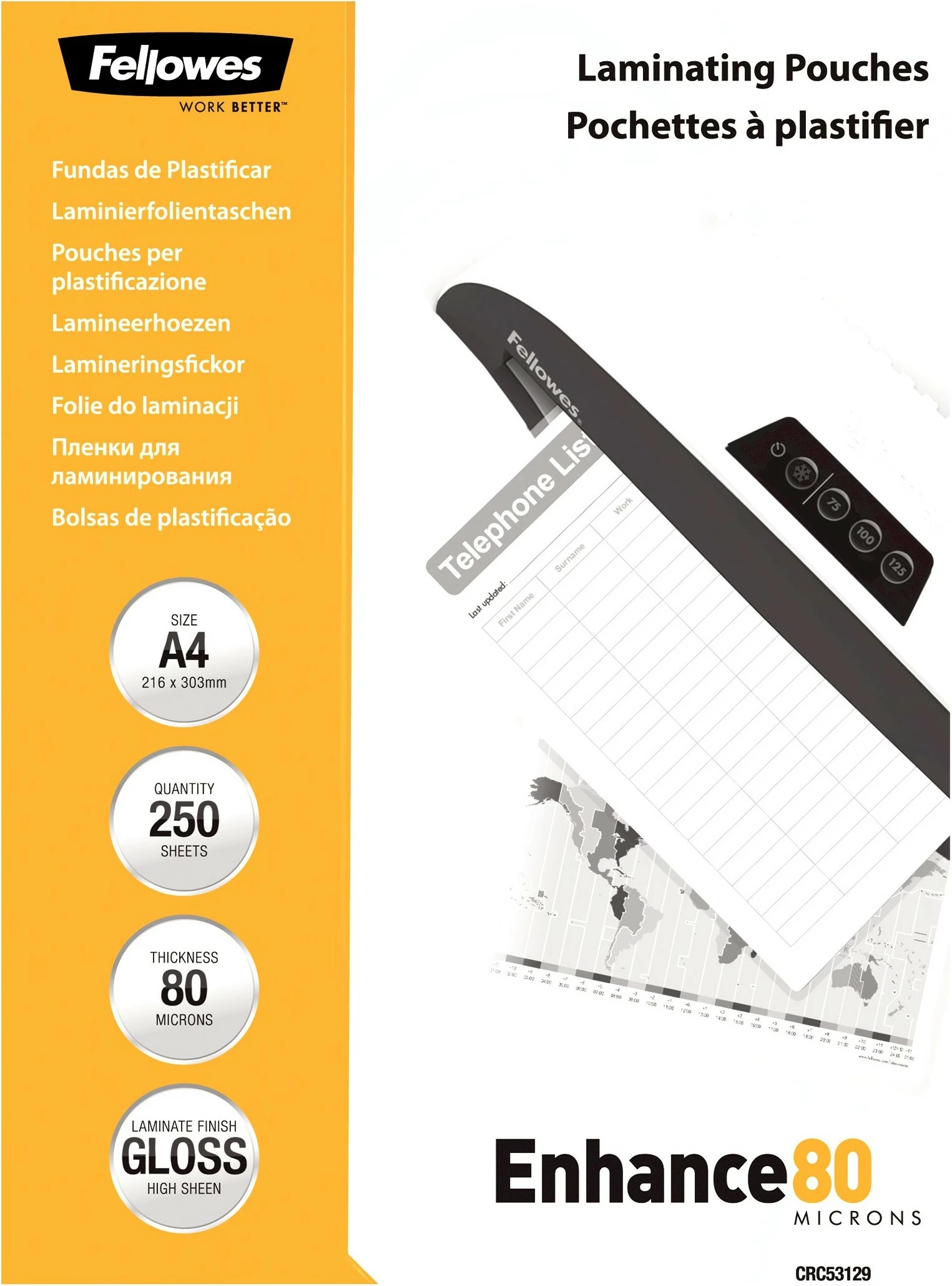 Xhepa laminimi Fellowes A4, 80 mikron, glossy, 250 copë, të bardhë