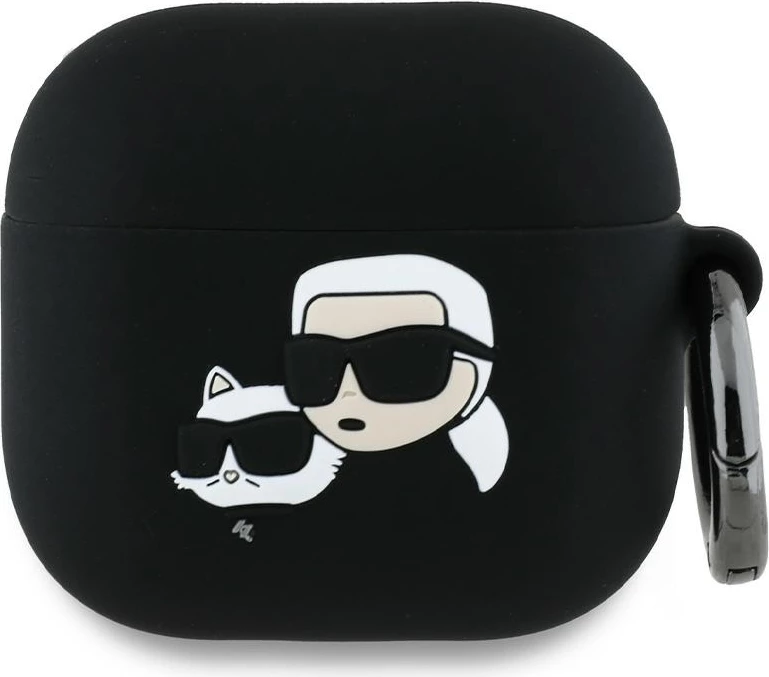 Mbështjellës Karl Lagerfeld KLA4RUNKCHK për AirPods 4, silikon, Karl&Chaupette Head 3D, zi