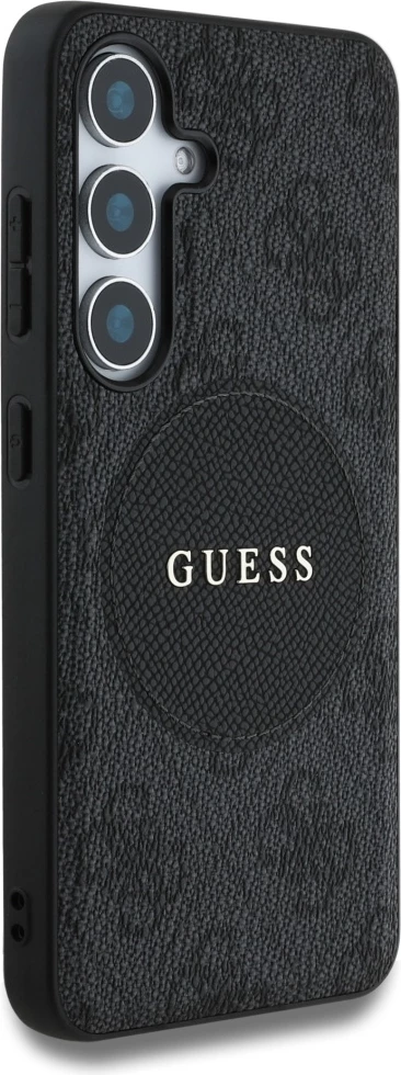 Mbështjellës Guess 4G Round Patch Classic Logo MagSafe për Samsung Galaxy S25+, eko-lëkurë/TPU/PC, Black
