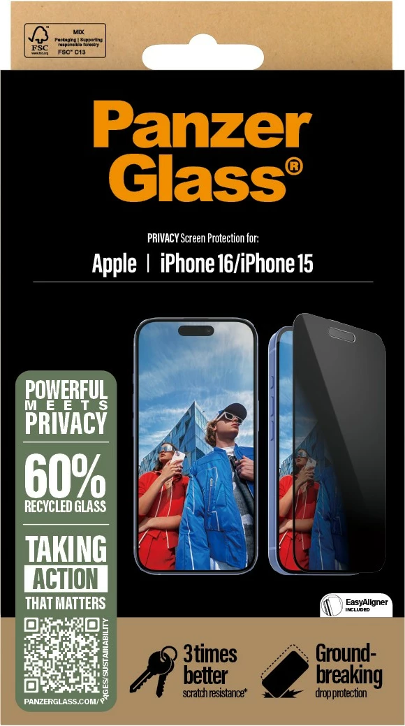 Mbështjellës ekran PanzerGlass për iPhone 16/15, Privacy, transparent