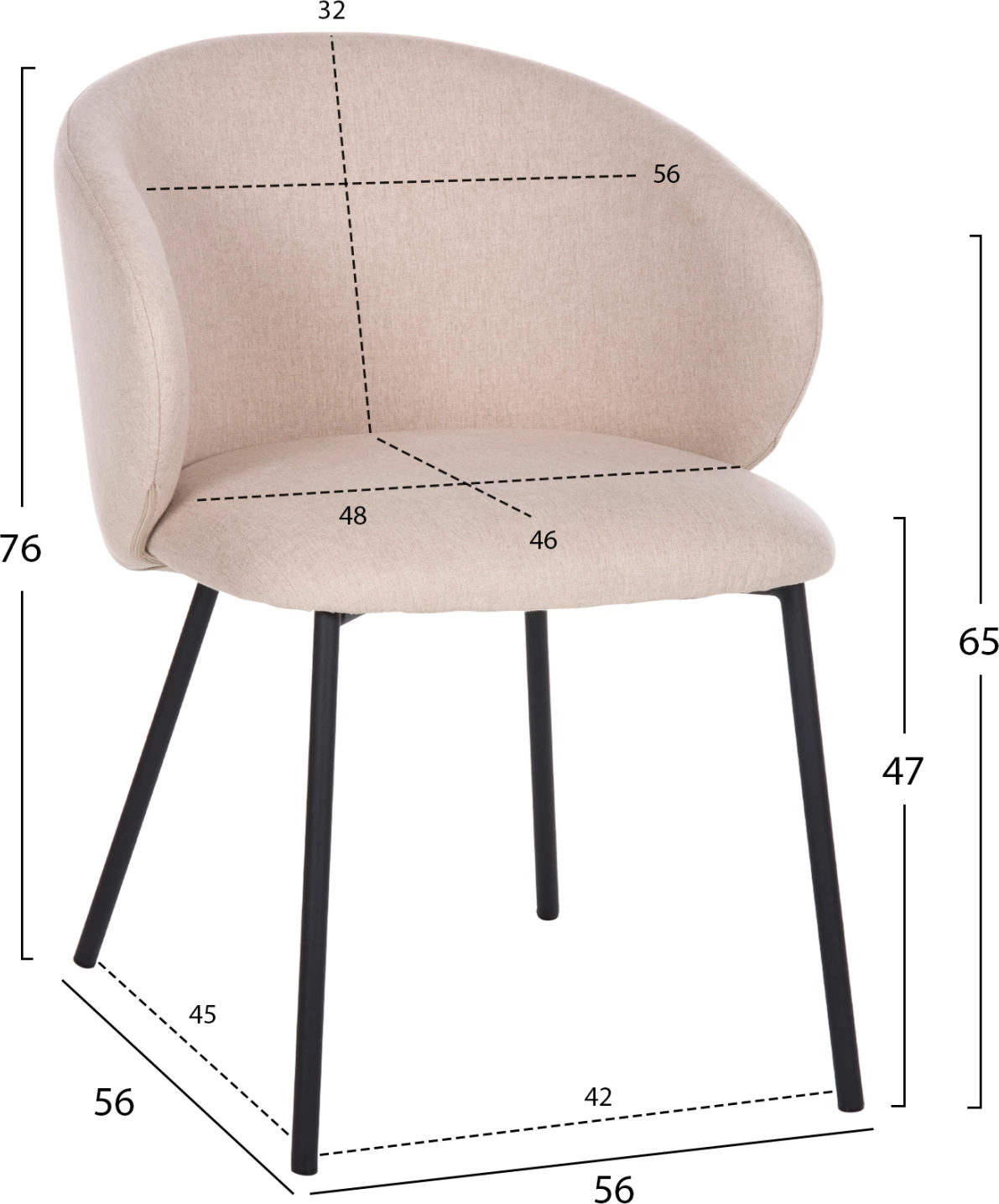 Karrige për ngrënie ISIAH FH9615.03, pëlhurë bezhë, këmbë metalike të zeza, 56x56x76H cm, set prej 2 copash