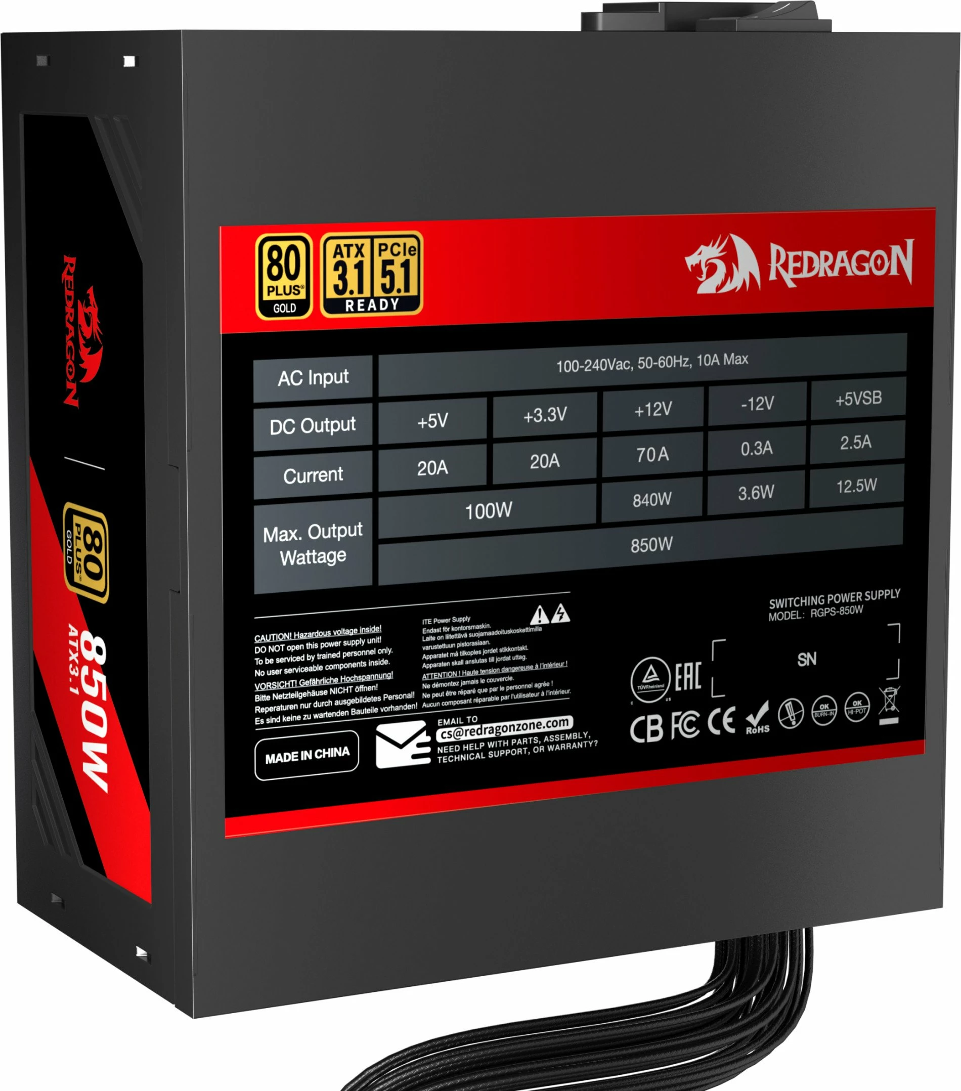Furnizues rryme për PC Redragon GC-PS007-SE 850W ATX 3.1 80 Plus Gold full modular, e zezë