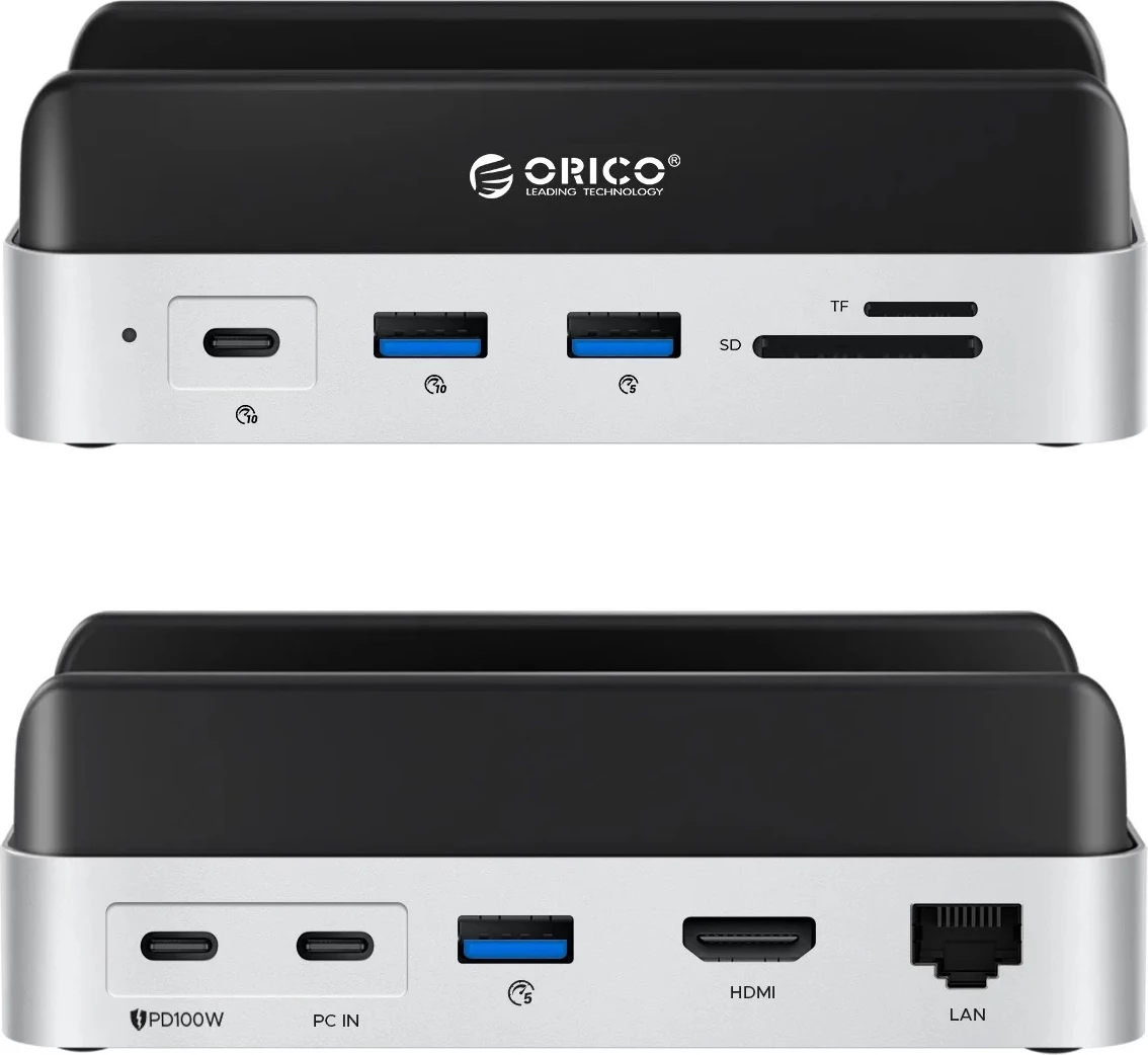 Stacion dokimi 10-në-1, Orico MiniDock, me slot M.2 deri 8 TB, HDMI 4K@60Hz, USB-C PD 100W, për Mac mini 2024, argjend