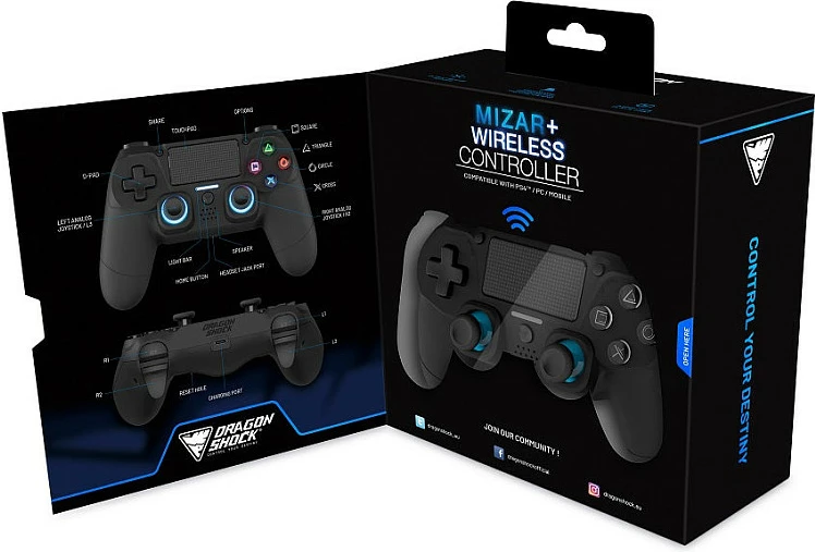 Kontroller DragonShock Mizar+ wireless për PS4/PC, Bluetooth 5.0, LED blu, i zi