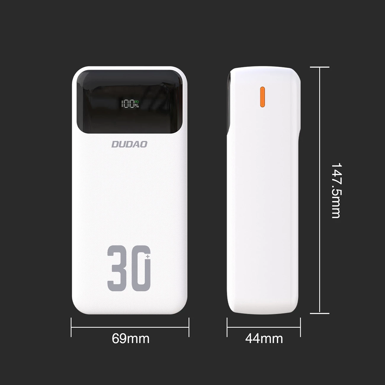 Powerbank Dudao K15Max 30000mAh PD 22.5W me kabllo të integrume USB-C dhe Lightning, bardhë