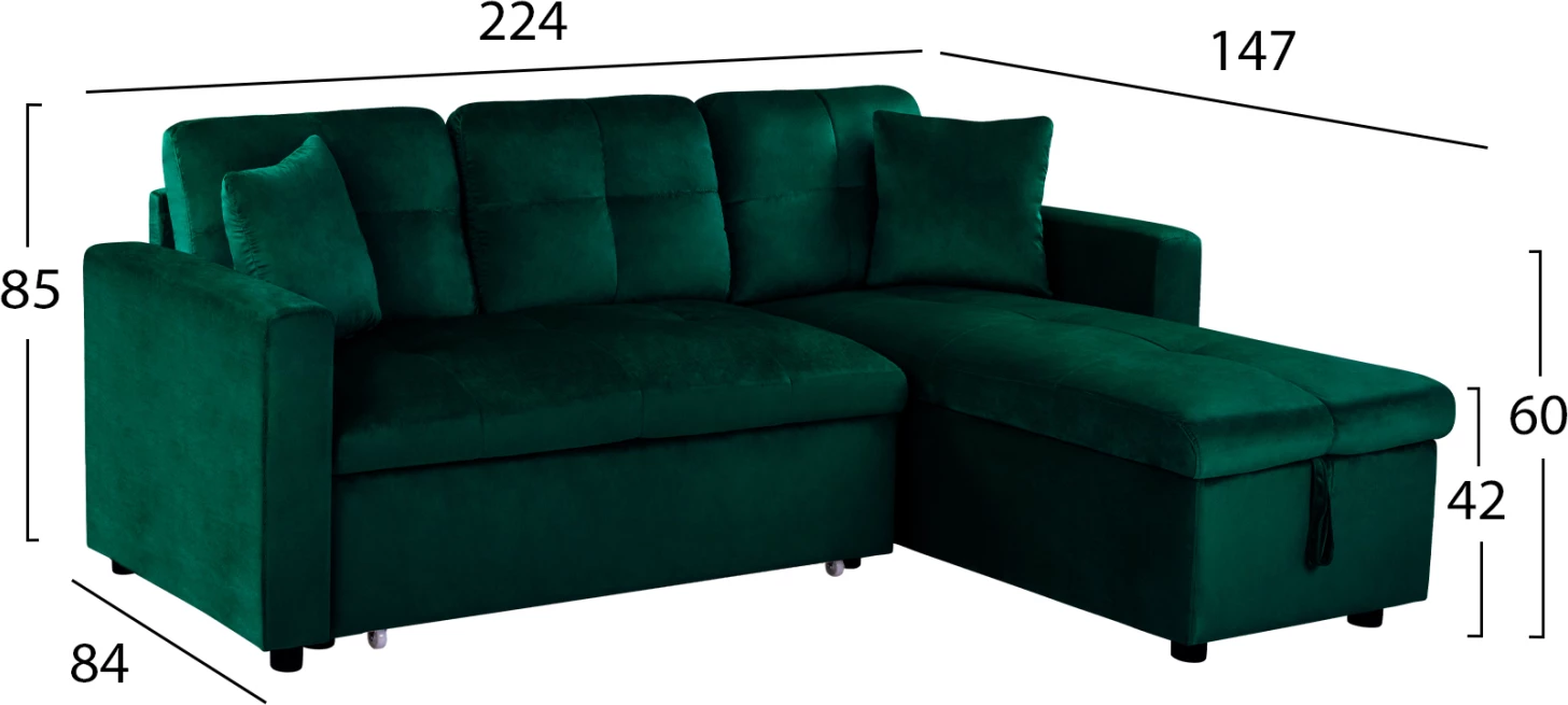 Divan qoshe që bëhet shtrat Wayne 224x147x85 FH3028.13 Kadife Jeshile Cipres