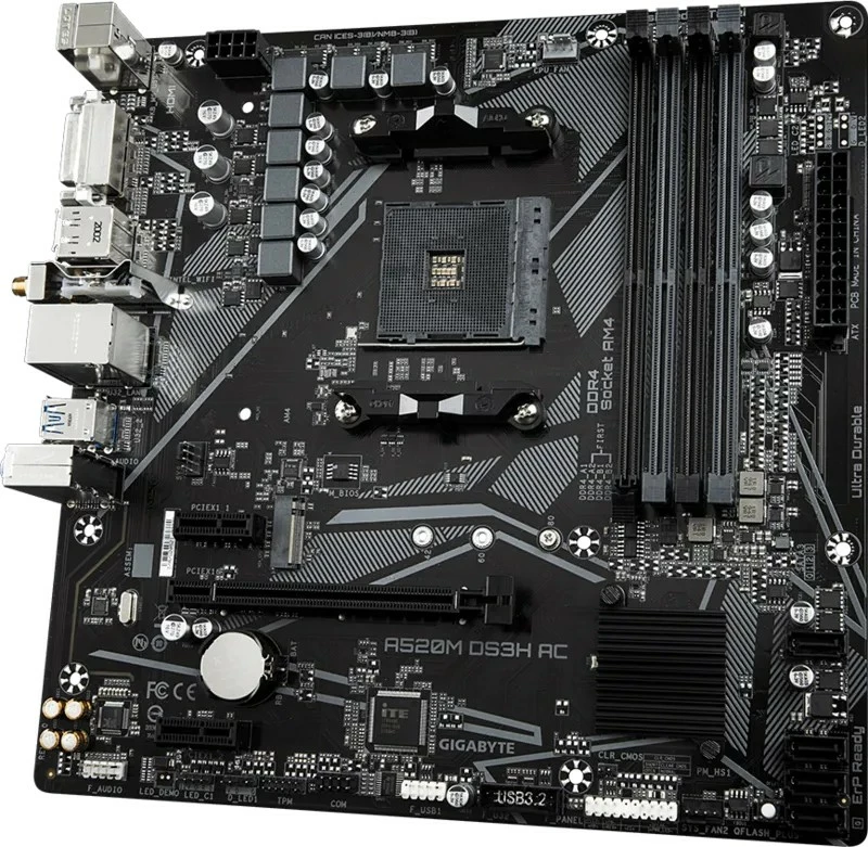 Pllakë amë, Gigabyte A520M DS3H AC, Socket AM4, chipset AMD A520, 4x DDR4, mATX, M.2, HDMI/DVI/DP, Wi‑Fi AC