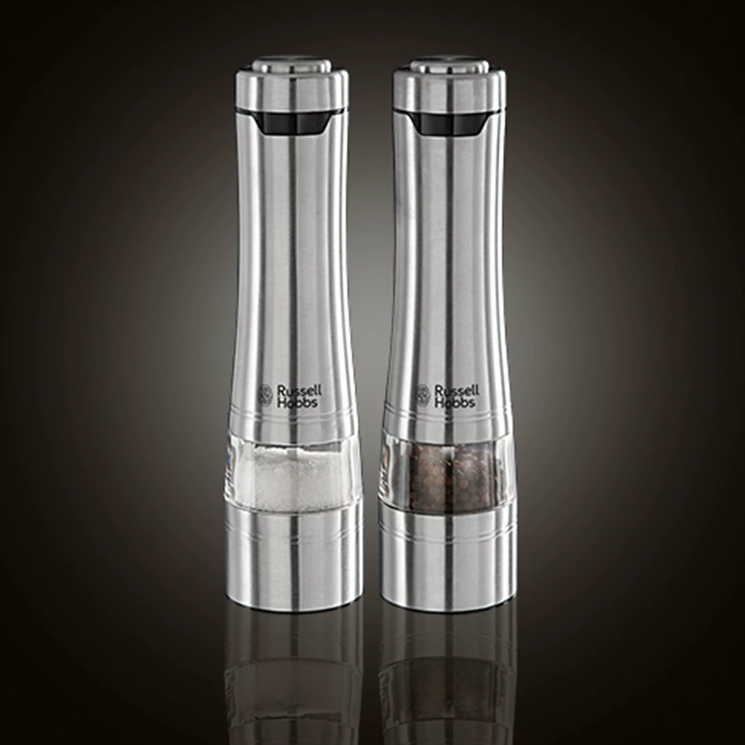 Set mullinj elektrikë për kripë dhe piper Russell Hobbs Classics 23460-56, rregullim i imtësisë së bluarjes, set 2 copë, çelik inox
