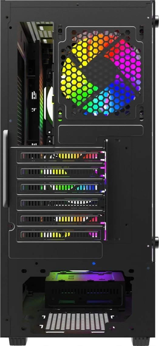 Kasë PC Savio NOCTIS GLASS RGB X1 midi tower ATX/mATX/Mini‑ITX me 4 ftohës RGB PWM, panel xhami të temperuar, filtra pluhuri, e zezë