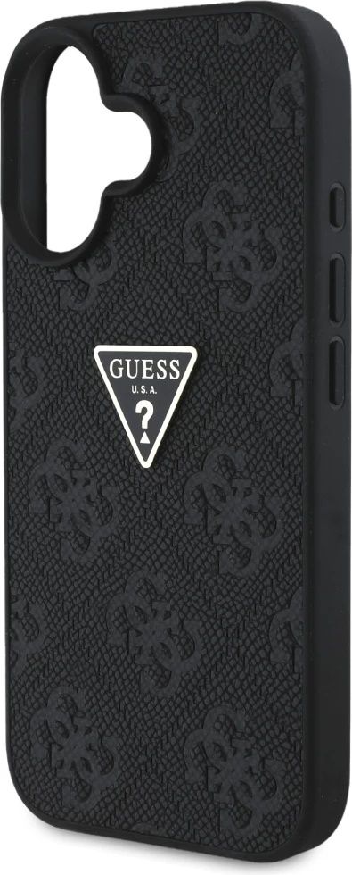 Mbështjellës Guess Hot Stamp 4G Pattern Triangle Metal Logo për iPhone 16, i zi