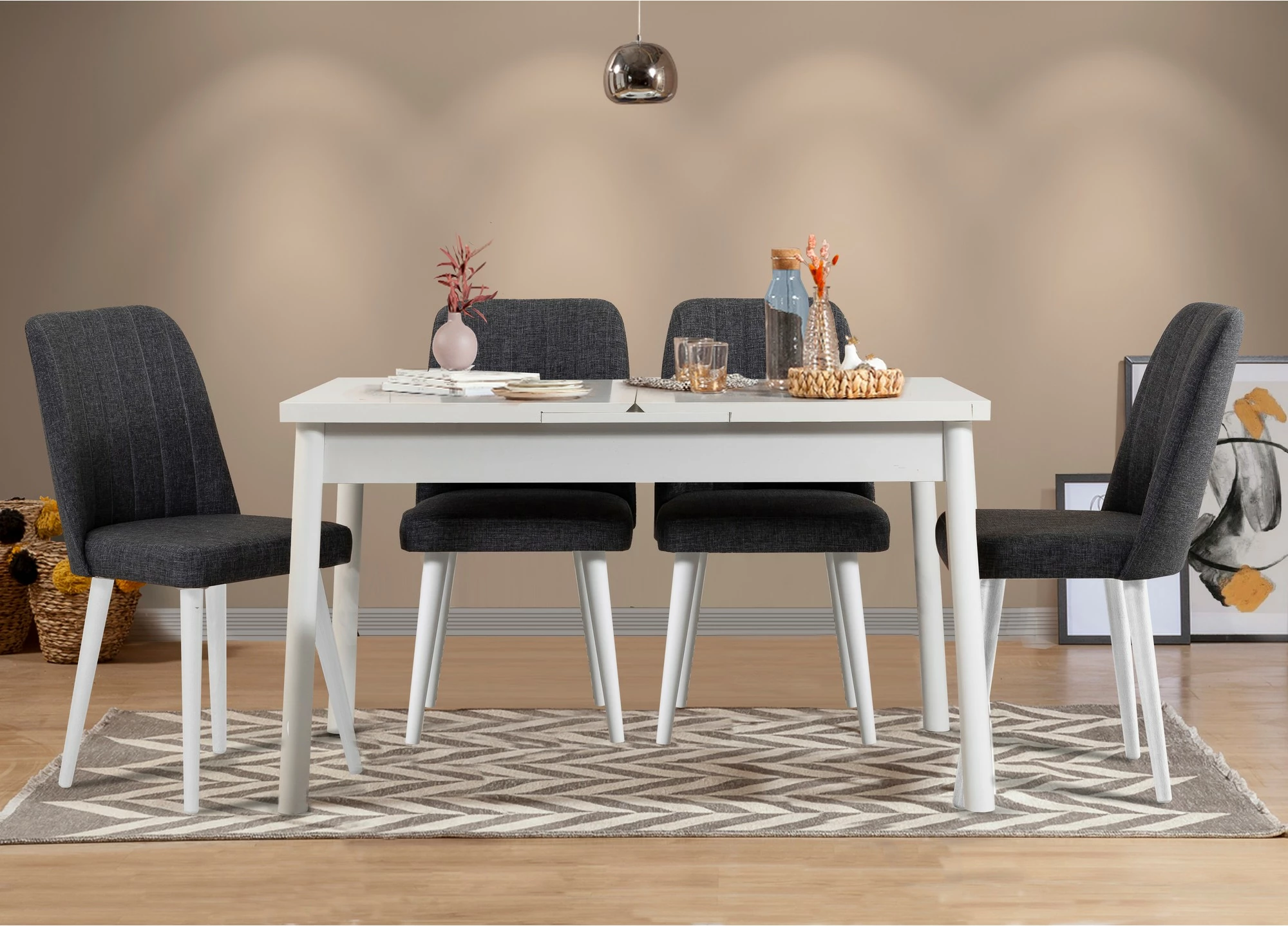 Tavolinë me karrige, zgjatshme, Skye Decor, ngjyrë e bardhë dhe antracit, 5 copë, Santiago V2
