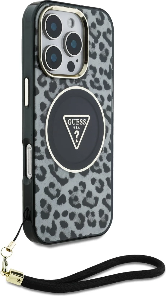 Mbështjellës Guess HC IML Leopard Triangle Cord Strap për iPhone 16 Pro, MagSafe, Zi