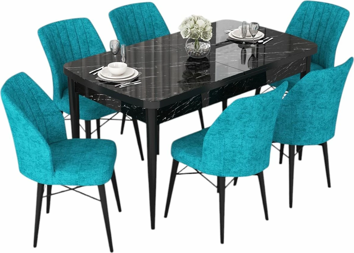 Tavolinë me karrige, zgjatshme, 7 copë, Skye Decor, ngjyrë mermeri të zi, tyrkiz