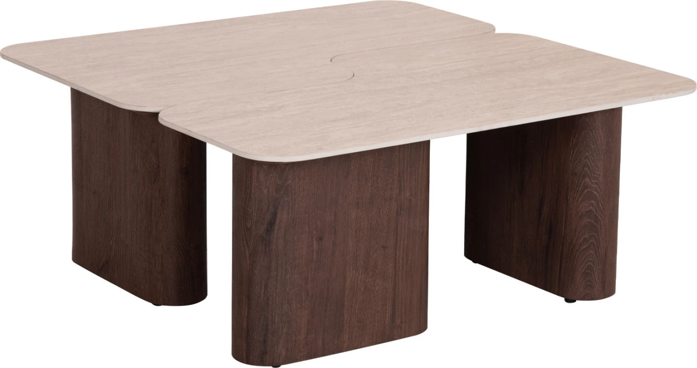 Set tavolina kafeje 2 copë Notte FH18432, sipërfaqe qeramike ngjyrë travertin, këmbë MDF ngjyrë arre, 100x100x43 cm