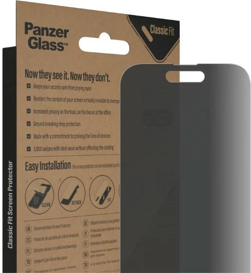 Mbështjellës xhami PanzerGlass Classic Fit Privacy për iPhone 14 Pro, antibakterial