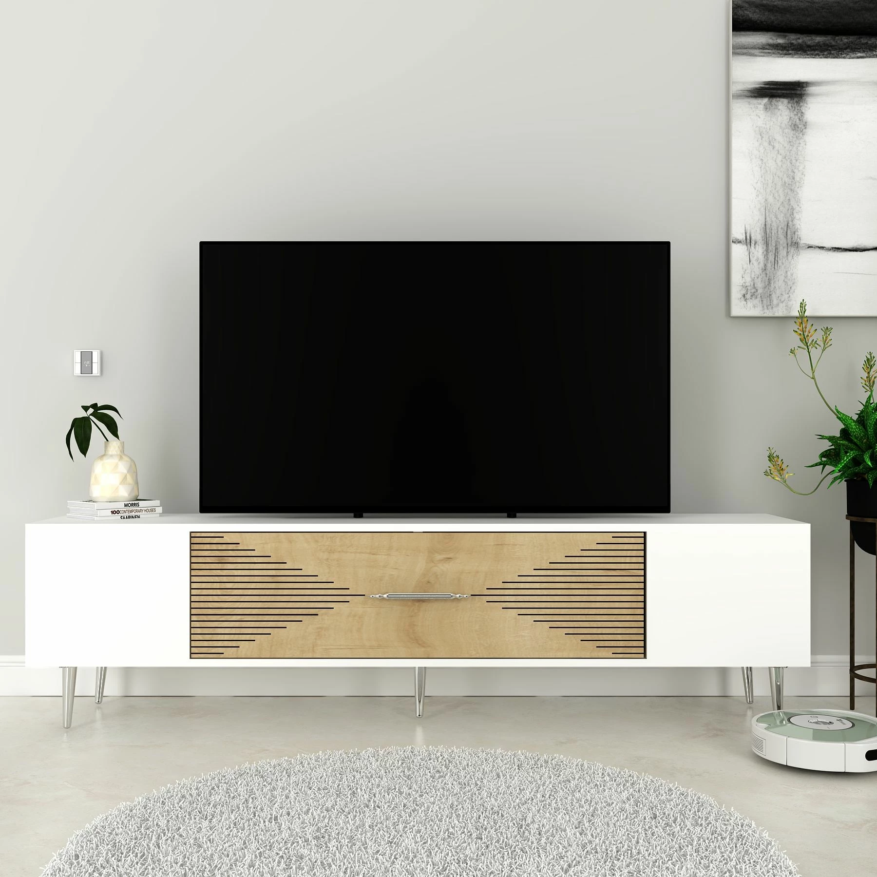Komodë TV Skye Decor, Dekol1, e bardhë, lis safir, argjend