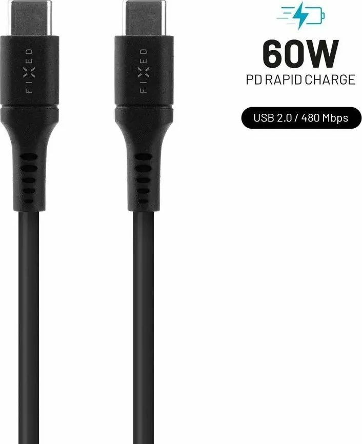 Kabllo USB-C/USB-C Fixed FIXDLS-CC12-BK 1.2 m 60W e zezë, me organizues ngjitës dhe rrip Velcro