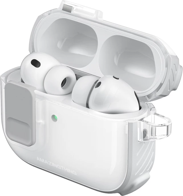 Mbështjellës AmazingThing Titan Pro Mag për AirPods Pro 3, PC/TPU, me karabinë, i tejdukshëm, i bardhë