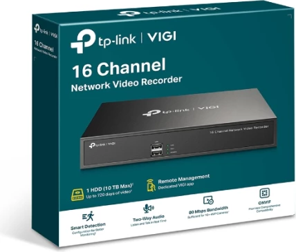 Regjistrues video në rrjet (NVR) TP-LINK VIGI NVR1016H, 16-kanal, deri 8MP, HDD deri 10TB, 4K HDMI, i zi