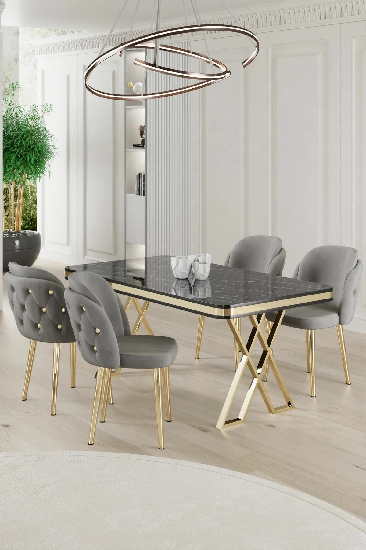 Tavolinë me karrige, 5 copë, Skye Decor Rigel, mermer i zi, ar, gri