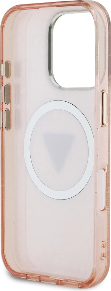 Mbështjellës Guess IML Metal Glitter 4G Circle Triangle MagSafe për iPhone 16 Pro, Rozë