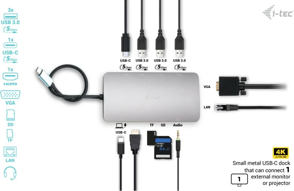 Doking stacion I-Tec Metal USB-C Travel Nano Dock, HDMI/VGA, LAN, Power Delivery 100W, argjend