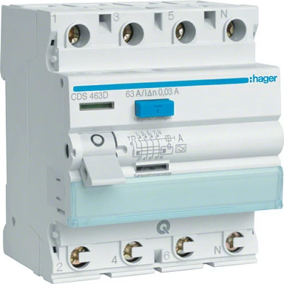 Ndërprerës diferencial Hager CDS463D, 4-pol, 63A, 30mA, Tip A, QuickConnect, gri