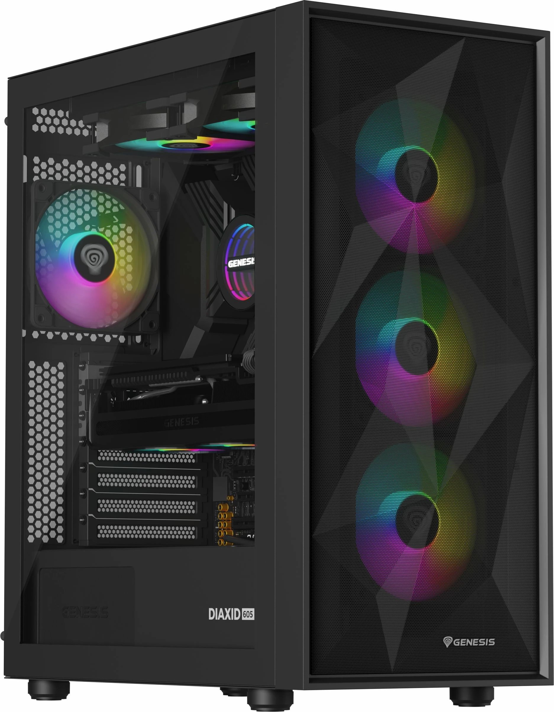 Kasë GENESIS Diaxid 605 ARGB NPC-2172 Midi Tower, ATX/mATX/Mini-ITX, USB-C, pa PSU, e zezë