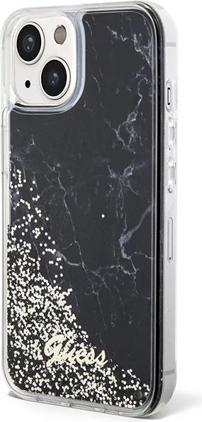Mbështjellës Guess Liquid Glitter Marble për iPhone 14, i zi