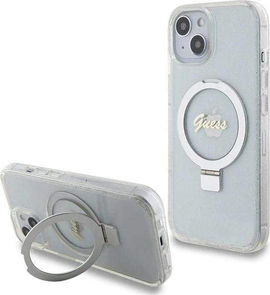 Mbështjellës Guess Ring Stand Script Glitter MagSafe për iPhone 15/14/13, transparent