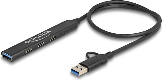 Hub USB DeLOCK Slim 4-Port, 3x USB-C + 1x USB-A, 5 Gbps, 0.5 m, metal, zi