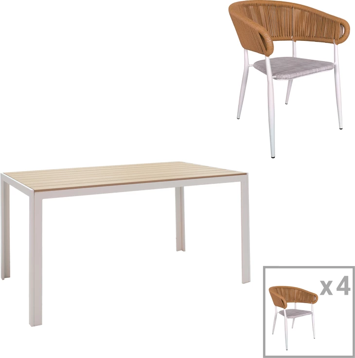 Tavolinë me karrige për terasë Nares-Raven A, 5 pjesë, alumin i bardhë, dru i përpunuar natyral, 140x80x72.5cm