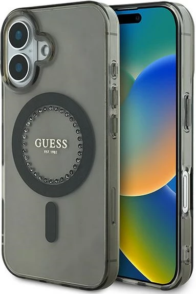 Mbështjellës Guess IML Rhinestones MagSafe për iPhone 16, Zi