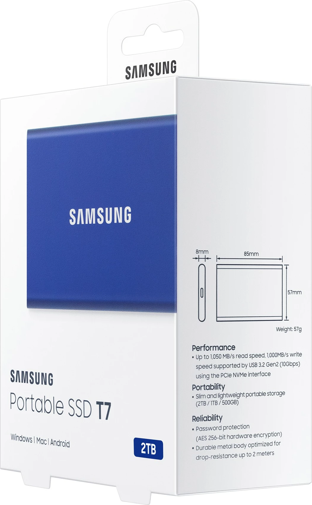 SSD portabël Samsung T7, 2 TB, USB Type-C, 3.2 Gen 2, Blu