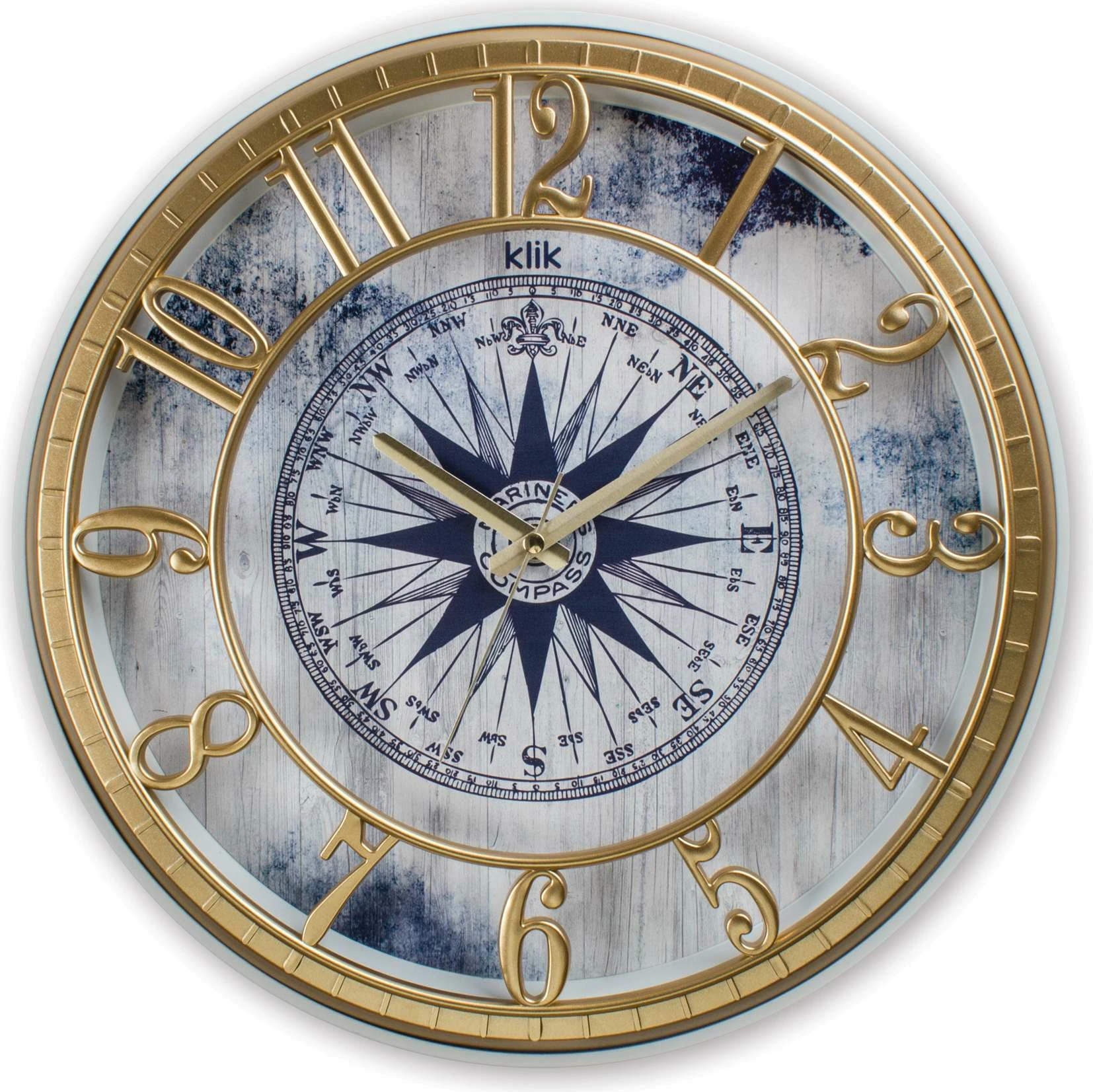 Orë muri dekorative Wallity, Hisar Compass, ngjyrë ari dhe kaltër, 40x40cm