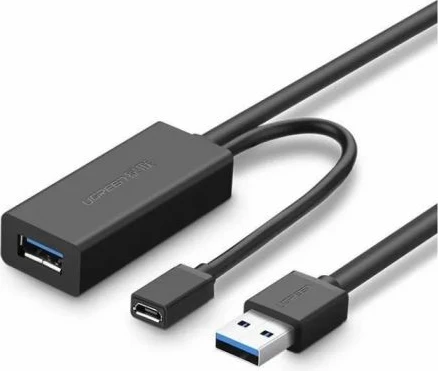 Zgjatues USB 3.0 aktiv UGREEN 20827, 10 m, 5 Gbps, USB-A në USB-A, me portë micro USB për energji, i zi