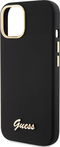 Mbështjellës Guess Silicone Script Metal Logo & Frame për iPhone 15, i zi