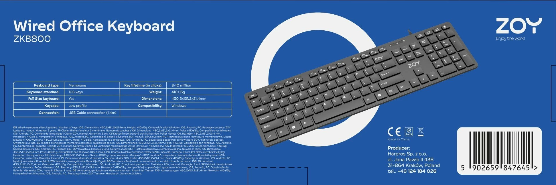 Klaviaturë ZOY ZKB800, USB me kabllo 1.4 m, layout US, 106 taste, membranë e qetë, e zezë