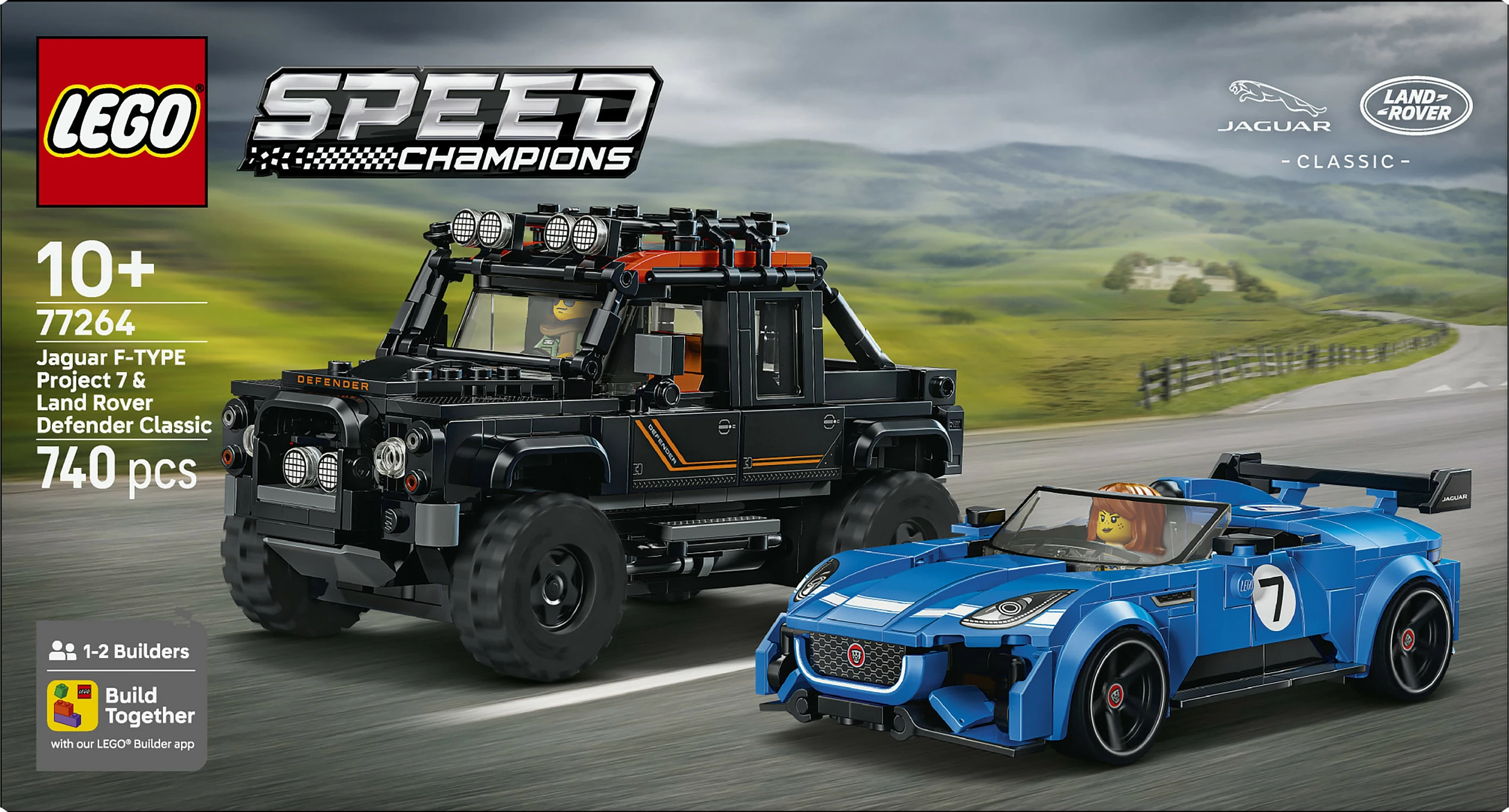 Set ndërtimi LEGO Speed Champions 77264 Jaguar F-Type Project 7 & Land Rover Classic Defender, 740 copë, 10+, blu/zi