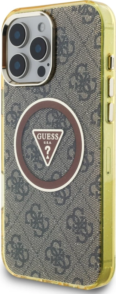 Mbështjellës Guess IML Metal Glitter 4G Circle Triangle MagSafe për iPhone 16 Pro Max, Kafe