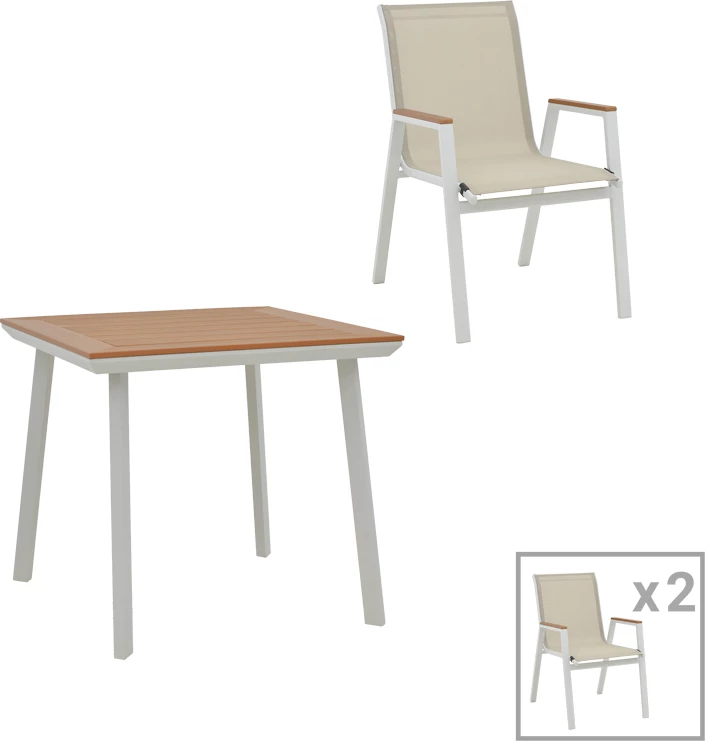 Tavolinë me karrige Synergy-Azelie set prej 3 copë ngjyrë e bardhë alumini dhe dru i përpunuar ngjyrë natyrale 80x80x74cm