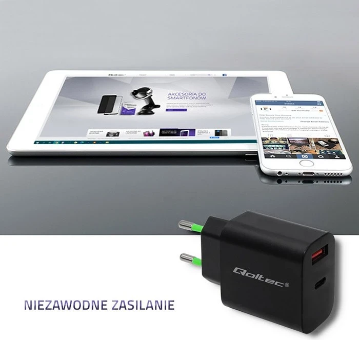 Karikues Qoltec 18W, USB typ C PD, USB QC 3.0, i zi
