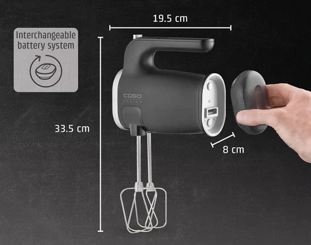 Mikser dore wireless CASO Click & Mix 150W (MPN 3630) 2000mAh, argjend mat/zi, set me bateri + rrahëse + grepa brumi