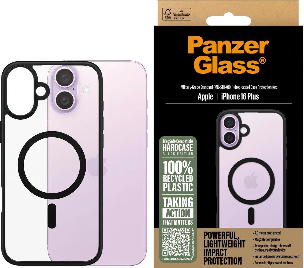 Mbështjellës PanzerGlass HardCase MagSAFE për iPhone 16 Plus, transparent/zi