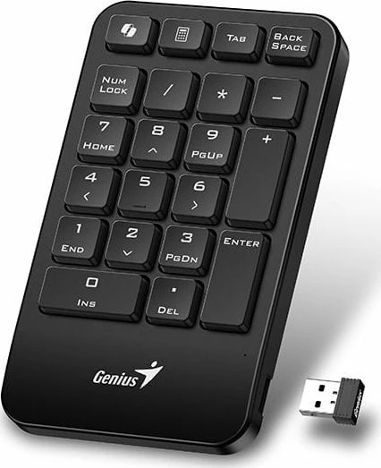 Tastierë numerike wireless Genius NumPad 1000, 2.4GHz, 21 taste, tast Microsoft Copilot, layout US INTL, e zezë, me adapter USB dhe 2x AAA