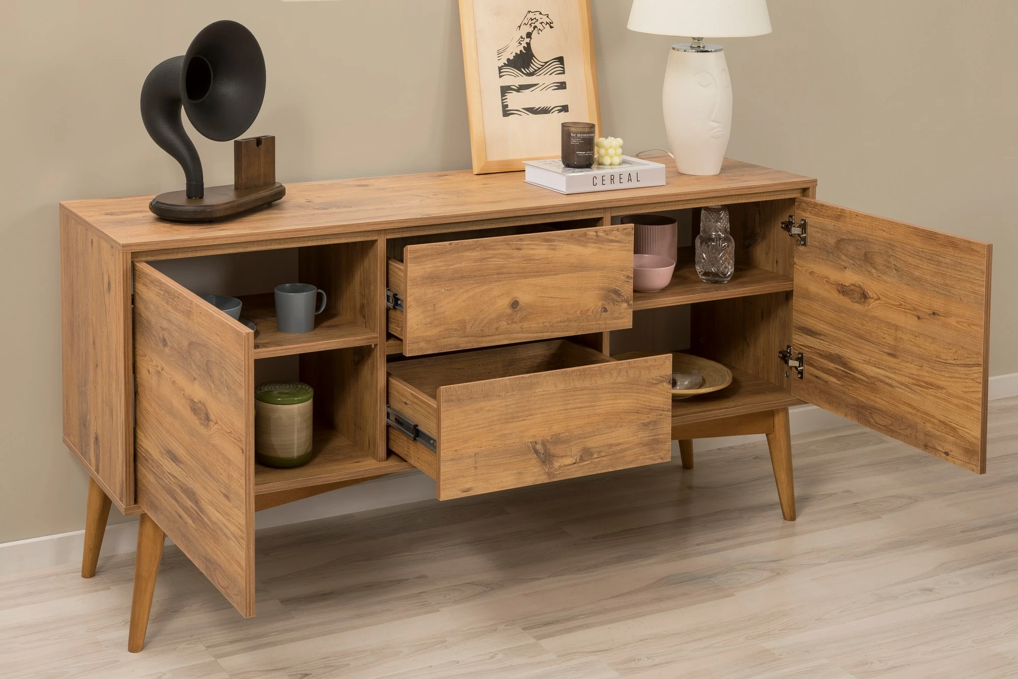 Set tavoline me karrige dhe konsol, zgjatues, 5 pjesë, Skye Decor, Vina 02 0701, ngjyrë lis Atlantik, gri