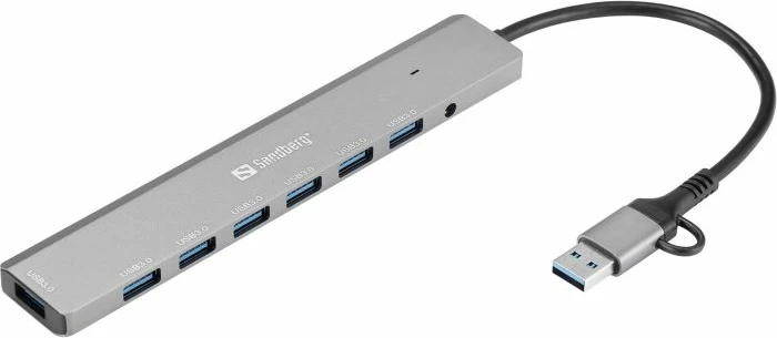 Hub USB SANDBERG 136-66, USB-C/A në 7x USB 3.0, 5 Gbit/s, kasë alumini, argjendtë