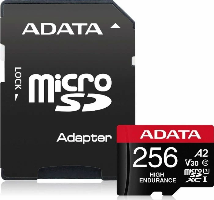 Kartelë memorje ADATA High Endurance microSDXC 256GB Class 10 UHS-I/U3 A2 V30 (AUSDX256GUI3V30SHA2-RA1), e zezë/kuqe, me adapter SD