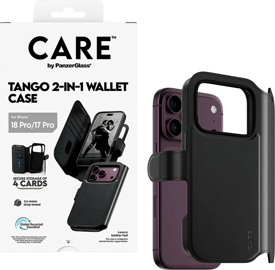 Mbështjellës me portofol PanzerGlass CARE Tango 2-in-1, MagSafe, për iPhone 18 Pro / 17 Pro, i zi